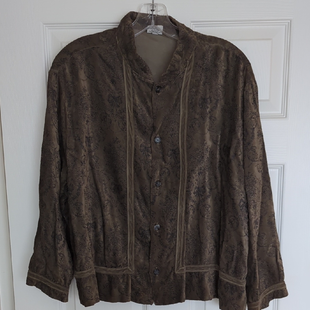 CP Shades Vintage Brown Velour Jaquard Floral Blouse Jacket Size Large